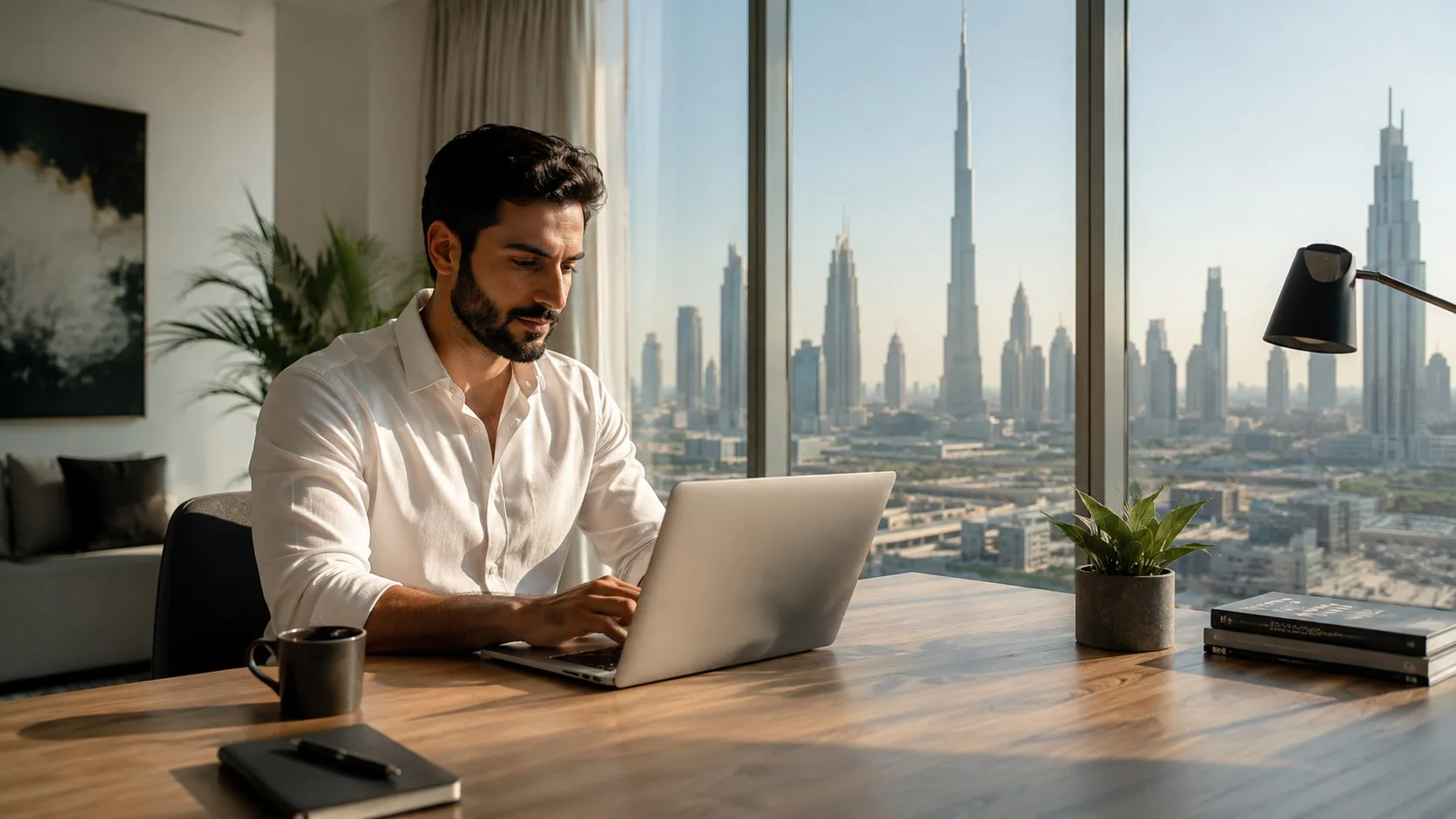 Person earning money online in UAE working from a Dubai apartment with city skyline view