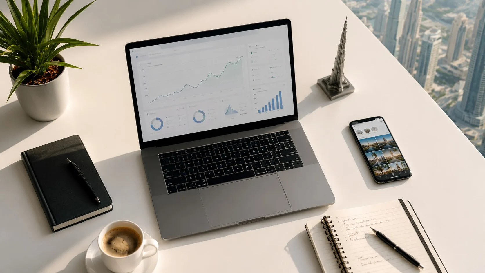 Multiple ways to make money online in UAE — laptop analytics dashboard and social media on smartphone