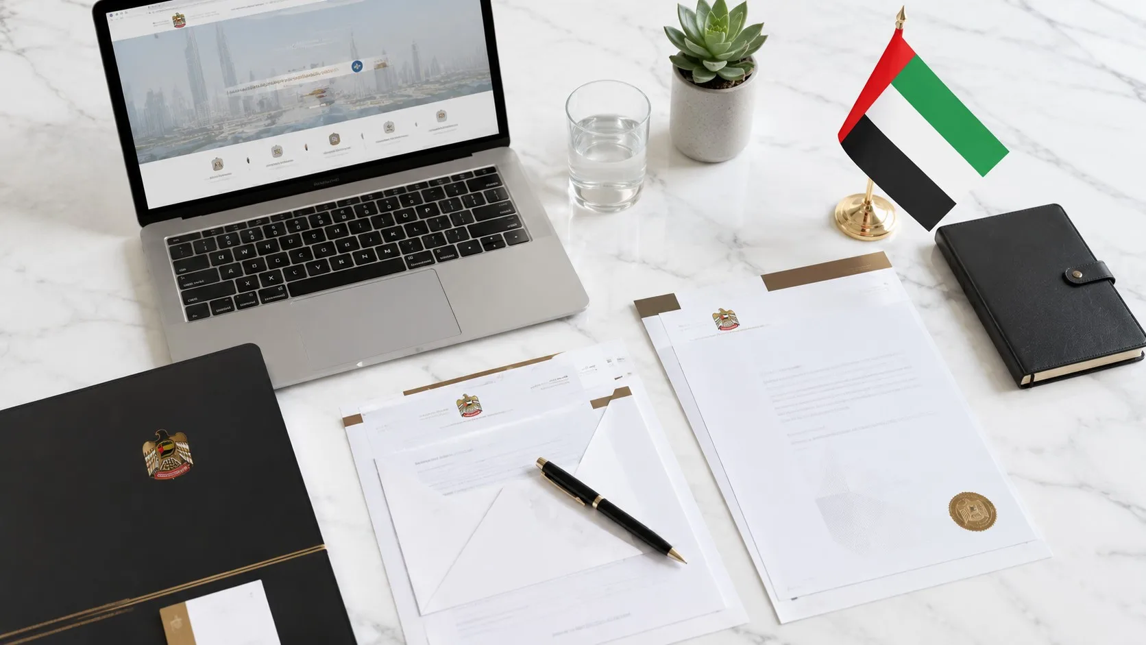 UAE business license documents and laptop showing government portal for online earning legal requirements