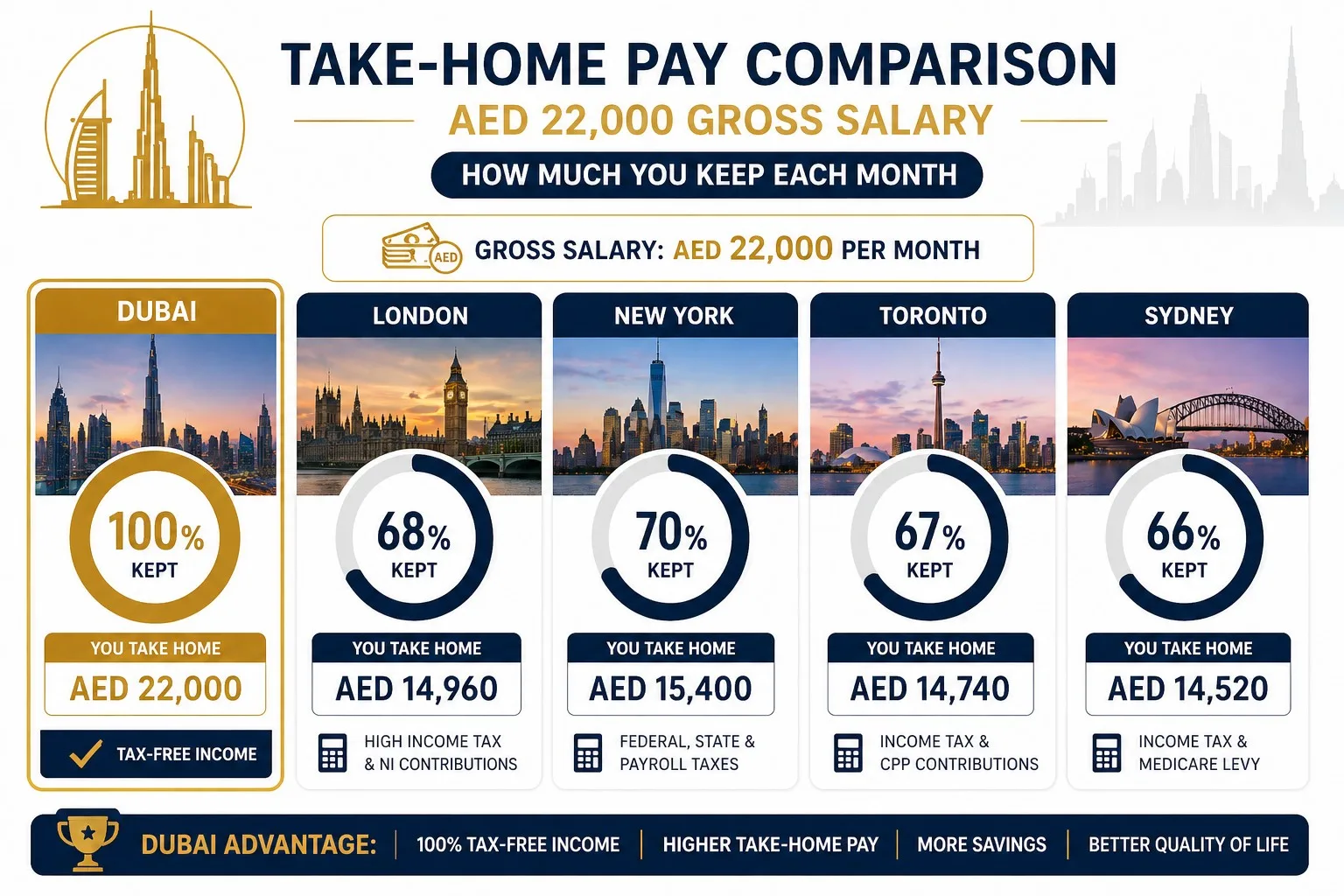 zero tax Dubai vs UK US salary take-home comparison chart 2026