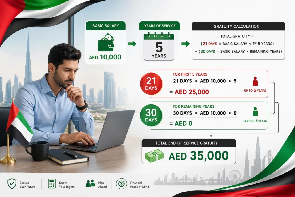 how to calculate gratuity in UAE: formula, salary, and years of service illustration