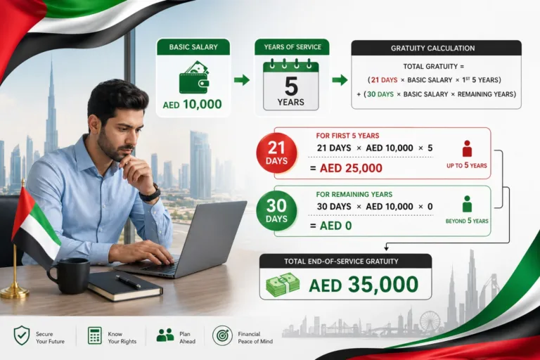 how to calculate gratuity in UAE: formula, salary, and years of service illustration