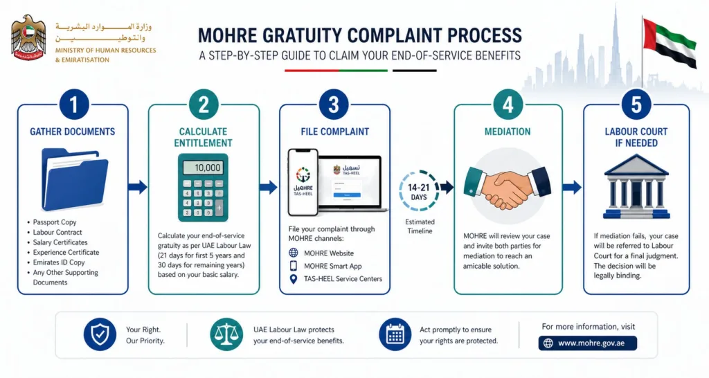 MOHRE complaint process for unpaid gratuity UAE: steps 1-5 from filing to resolution