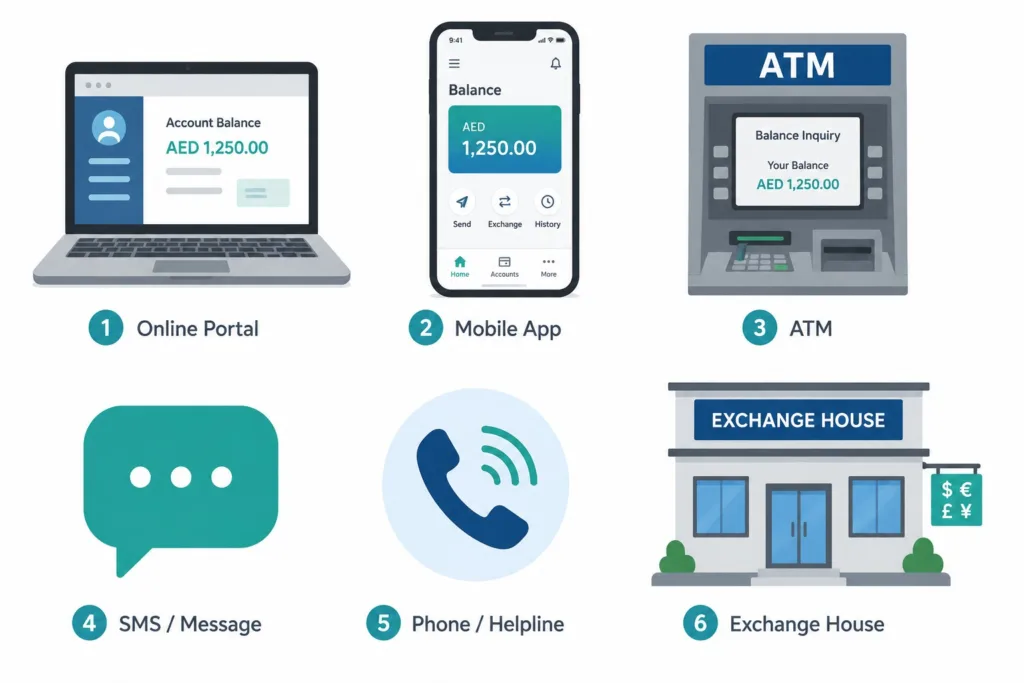 prepaid card balance check methods UAE online ATM SMS app