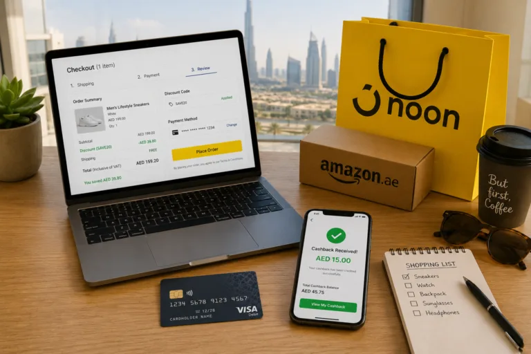 online shopping tips UAE – expat saving money with coupon codes and cashback on laptop