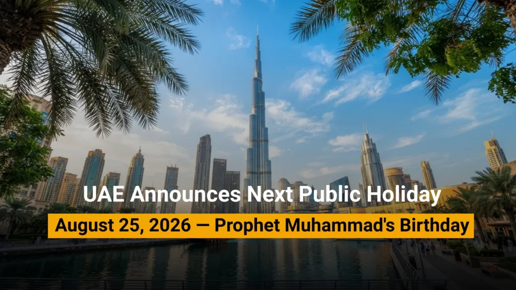 UAE Residents Could Get a 3-Day Weekend in August 2026 UAE public holiday announcement for Prophet Muhammad's Birthday on August 25 2026 with Dubai skyline