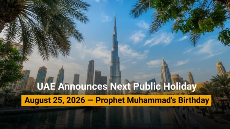 UAE public holiday announcement for Prophet Muhammad's Birthday on August 25 2026 with Dubai skyline