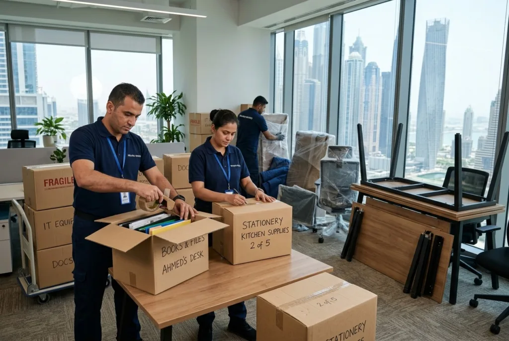 Office movers in Dubai packing workstation equipment