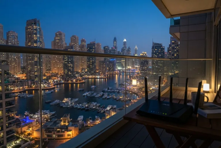 WiFi Dubai Marina slowdown - high-rise tower at evening
