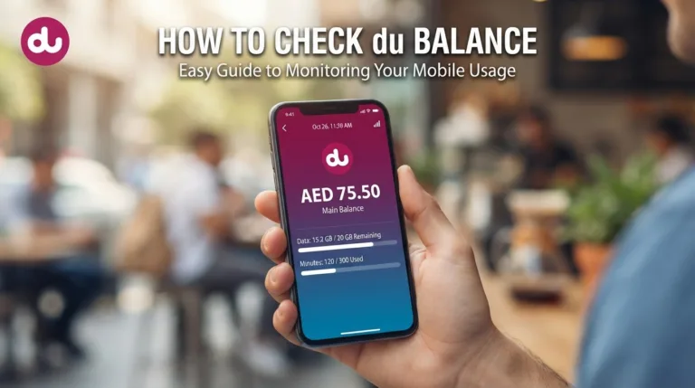 du balance check on a smartphone held by an expat in Dubai with the city skyline behind