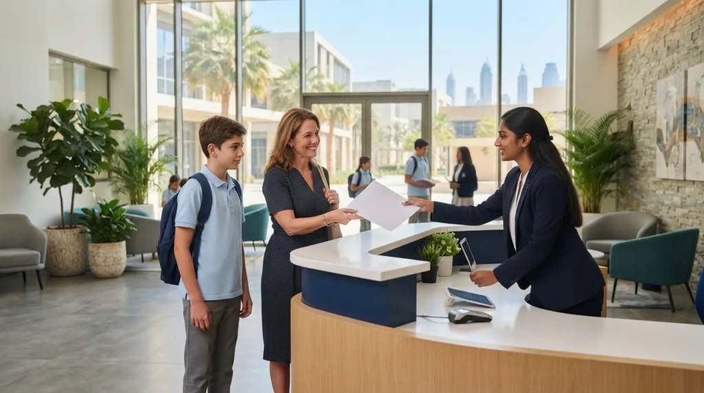 Parent and student completing AP exams in UAE registration at a school