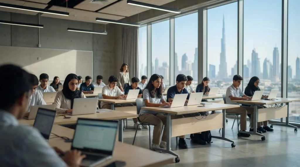 Students taking AP exams in UAE on laptops in a Dubai classroom