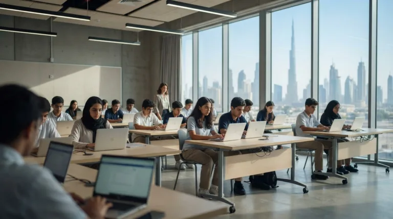 Students taking AP exams in UAE on laptops in a Dubai classroom