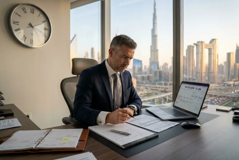Corporate tax registration deadline UAE - business owner reviewing tax documents
