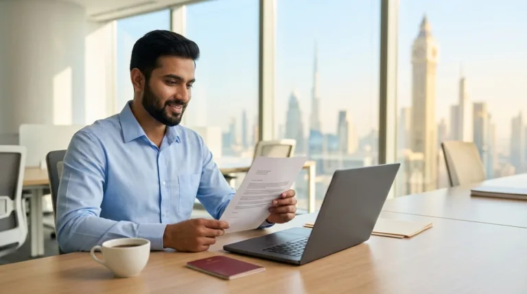 Dubai work visa requirements: expat professional reviewing a job offer with the Dubai skyline behind him