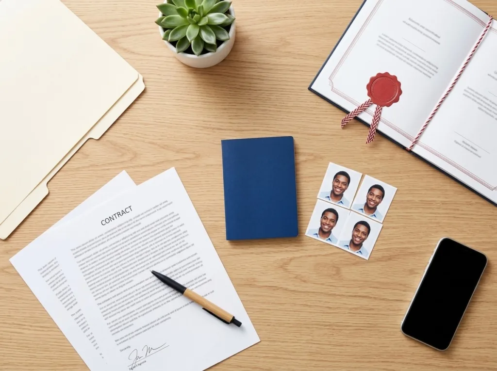 Dubai Work Visa Requirements 2026: Documents, Cost & Steps Dubai work visa requirements documents laid out on a desk: passport, photos, attested degree and signed job offer