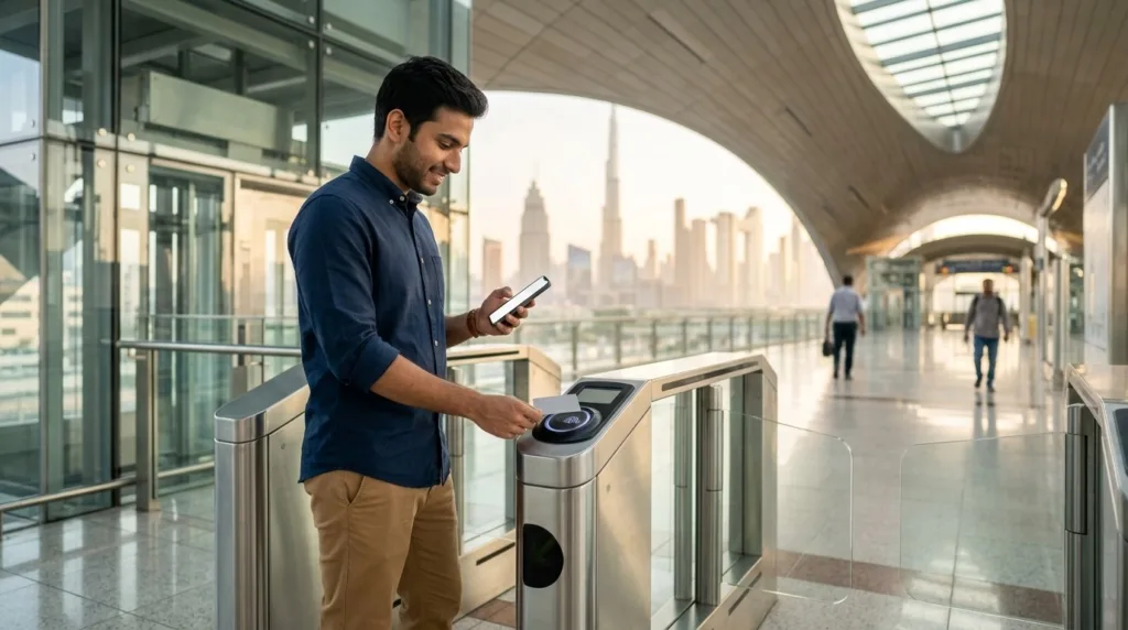 Nol card balance check at a Dubai Metro gate as an expat commuter taps a silver transit card