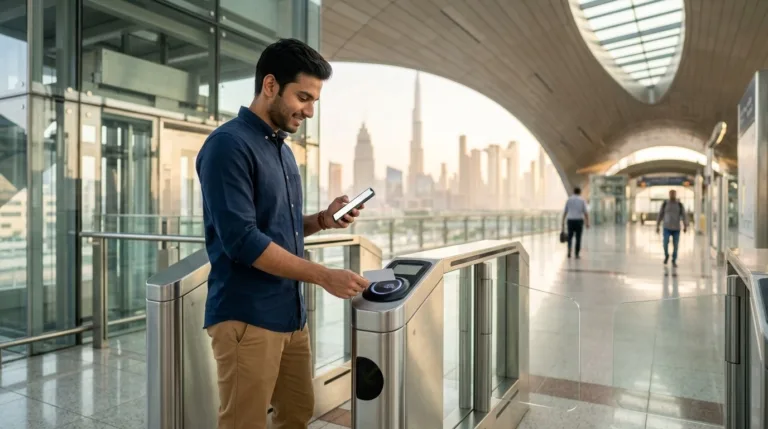 Nol card balance check at a Dubai Metro gate as an expat commuter taps a silver transit card