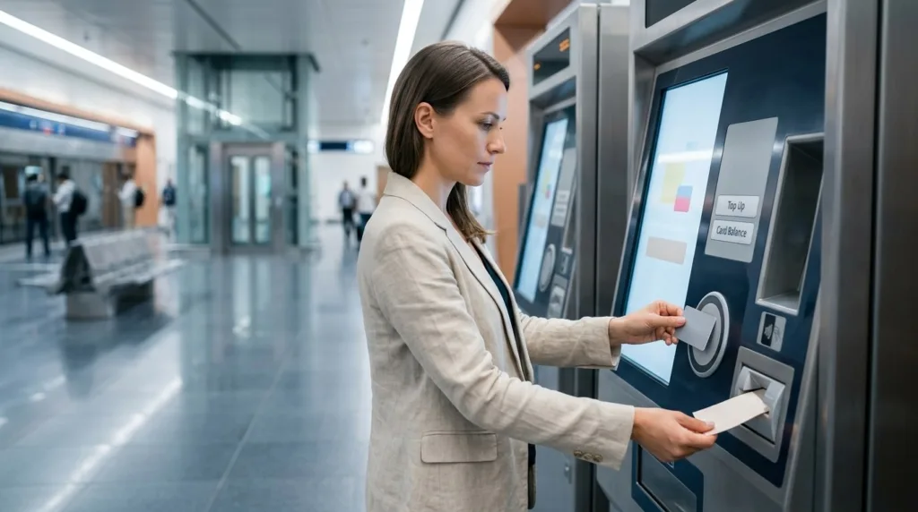 Expat topping up at a Dubai Metro ticket machine after a nol card balance check, AED 20 minimum