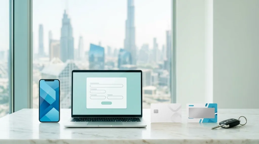 Salik recharge methods: phone app, laptop, bank card and prepaid recharge card on a desk