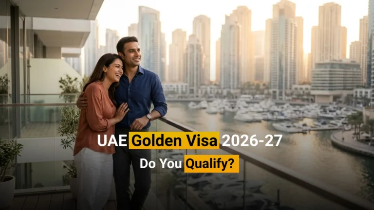 UAE golden visa eligibility 2026: expat couple on a Dubai Marina balcony at sunset