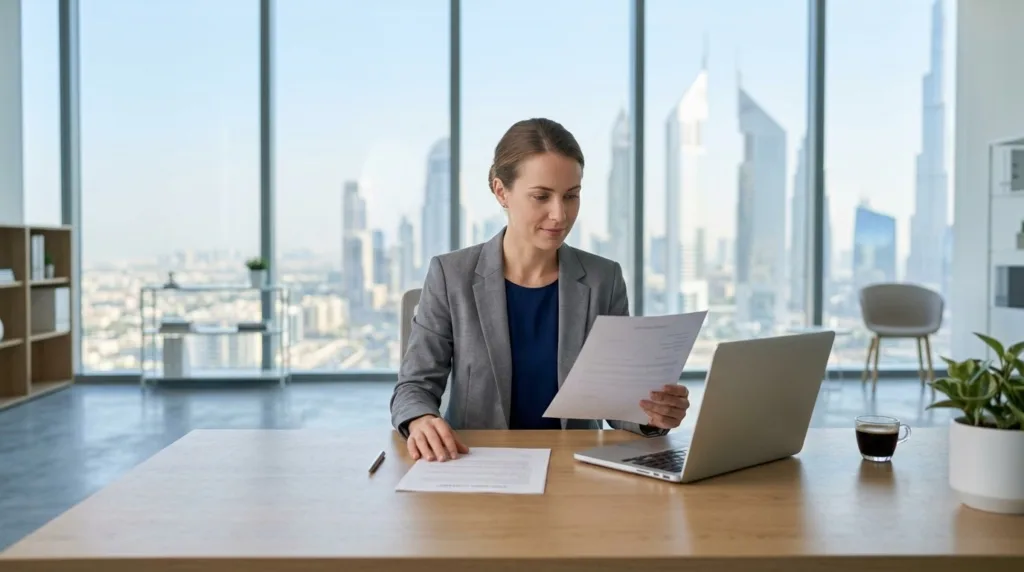 UAE Golden Visa Eligibility 2026: Who Qualifies & Fees Expat checking her salary certificate for UAE golden visa eligibility in a Dubai office