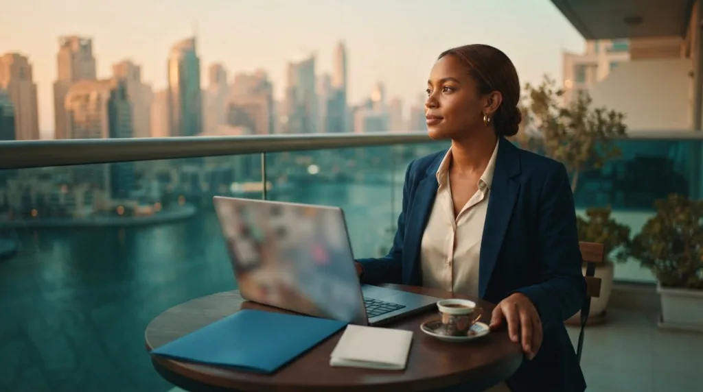 UAE job seeker visa applicant with a laptop and folder on a Dubai Marina balcony at sunset