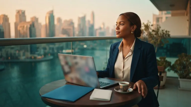 UAE job seeker visa applicant with a laptop and folder on a Dubai Marina balcony at sunset