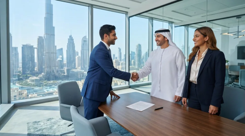 Expat attending a job interview in a Dubai office after switching to a UAE job seeker visa
