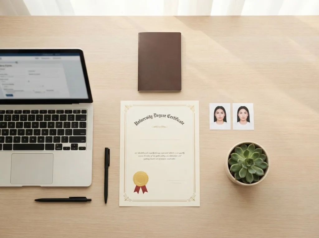 UAE job seeker visa requirements: passport, attested degree certificate, photo and laptop on a desk